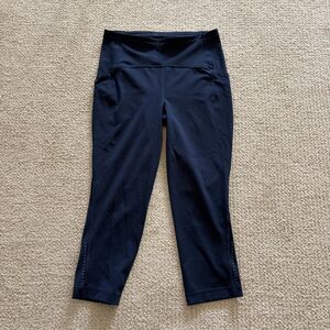 Lululemon Fast And Free Crop Leggings Womens 8 Navy Blue Pockets 19 Inseam Run